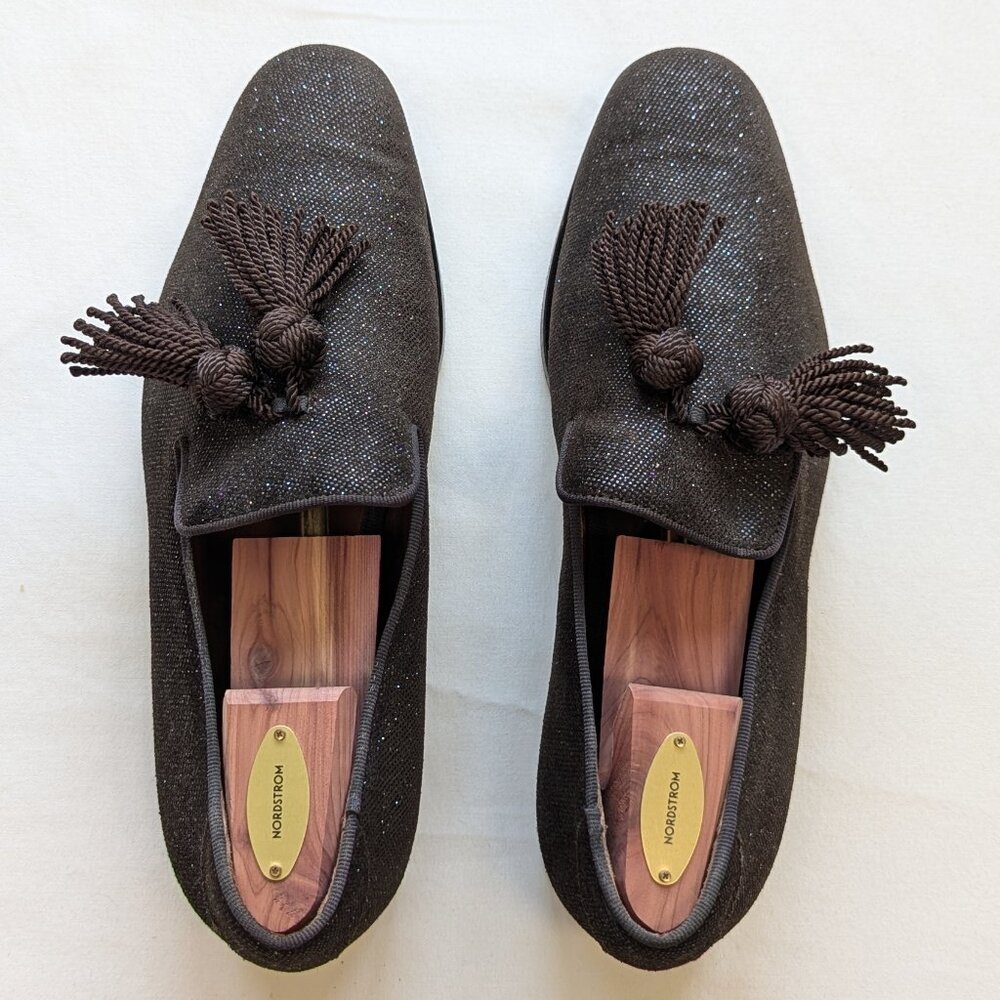 JIMMY CHOO Foxley Crystal-embellished sparkle fabric Slippers In brown
